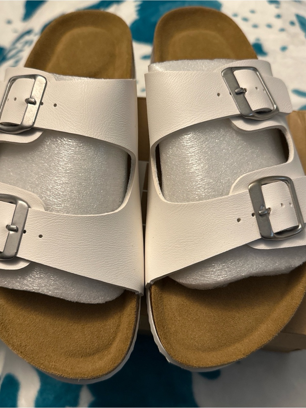 White Double-Buckle Slide Sandals